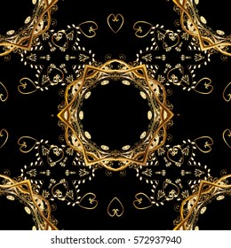 Golden Seamless Wallpaper, Vector Background. Snowflake, Christmas, New Year. Golden grid. Luxury background. Vintage pattern. Floral.