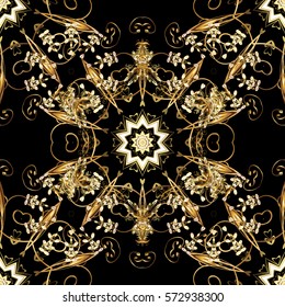 Golden Seamless Wallpaper, Vector Background. Snowflake, Christmas, New Year. Golden grid. Luxury background. Vintage pattern. Floral.