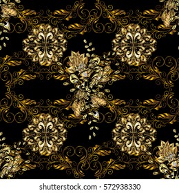 Golden Seamless Wallpaper, Vector Background. Snowflake, Christmas, New Year. Golden grid. Luxury background. Vintage pattern. Floral.