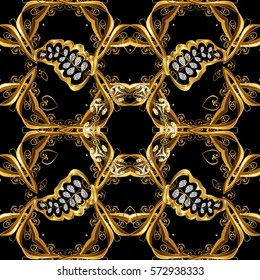 Golden Seamless Wallpaper, Vector Background. Snowflake, Christmas, New Year. Golden grid. Luxury background. Vintage pattern. Floral.