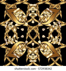 Golden Seamless Wallpaper, Vector Background. Snowflake, Christmas, New Year. Golden grid. Luxury background. Vintage pattern. Floral.