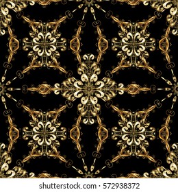 Golden Seamless Wallpaper, Vector Background. Snowflake, Christmas, New Year. Golden grid. Luxury background. Vintage pattern. Floral.