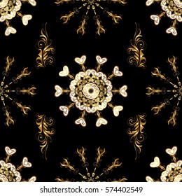 Golden Seamless Wallpaper, Vector Background. Snowflake, Christmas, New Year. Golden grid. Luxury background. Vintage pattern. Floral.