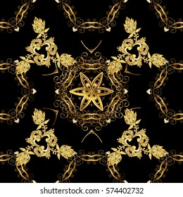 Golden Seamless Wallpaper, Vector Background. Snowflake, Christmas, New Year. Golden grid. Luxury background. Vintage pattern. Floral.