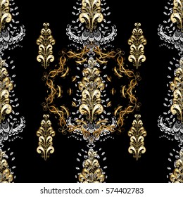 Golden Seamless Wallpaper, Vector Background. Snowflake, Christmas, New Year. Golden grid. Luxury background. Vintage pattern. Floral.