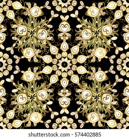 Golden Seamless Wallpaper, Vector Background. Snowflake, Christmas, New Year. Golden grid. Luxury background. Vintage pattern. Floral.