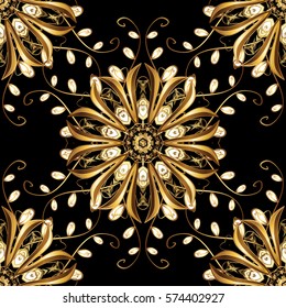 Golden Seamless Wallpaper, Vector Background. Snowflake, Christmas, New Year. Golden grid. Luxury background. Vintage pattern. Floral.