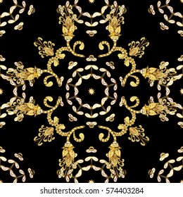 Golden Seamless Wallpaper, Vector Background. Snowflake, Christmas, New Year. Golden grid. Luxury background. Vintage pattern. Floral.