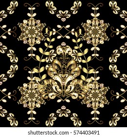 Golden Seamless Wallpaper, Vector Background. Snowflake, Christmas, New Year. Golden grid. Luxury background. Vintage pattern. Floral.