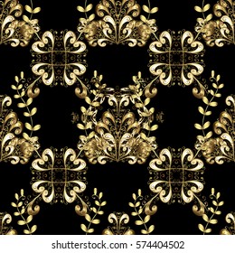 Golden Seamless Wallpaper, Vector Background. Snowflake, Christmas, New Year. Golden grid. Luxury background. Vintage pattern. Floral.