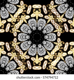 Golden Seamless Wallpaper, Vector Background. Snowflake, Christmas, New Year. Golden grid. Luxury background. Vintage pattern. Floral. Black background.