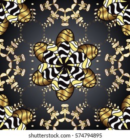 Golden Seamless Wallpaper, Vector Background. Snowflake, Christmas, New Year. Golden grid. Luxury background. Vintage pattern. Floral. Black round background. Petals flowers.