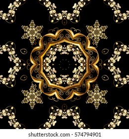 Golden Seamless Wallpaper, Vector Background. Snowflake, Christmas, New Year. Golden grid. Luxury background. Vintage pattern. Floral. Black background.