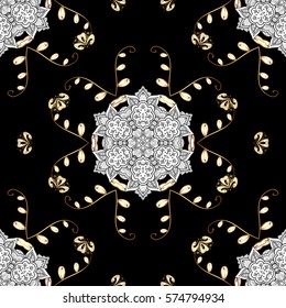 Golden Seamless Wallpaper, Vector Background. Snowflake, Christmas, New Year. Golden grid. Luxury background. Vintage pattern. Floral. Black background.