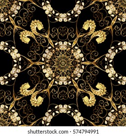 Golden Seamless Wallpaper, Vector Background. Snowflake, Christmas, New Year. Golden grid. Luxury background. Vintage pattern. Floral. Black background.