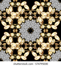 Golden Seamless Wallpaper, Vector Background. Snowflake, Christmas, New Year. Golden grid. Luxury background. Vintage pattern. Floral. Black background.