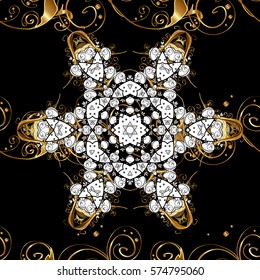 Golden Seamless Wallpaper, Vector Background. Snowflake, Christmas, New Year. Golden grid. Luxury background. Vintage pattern. Floral. Black background.
