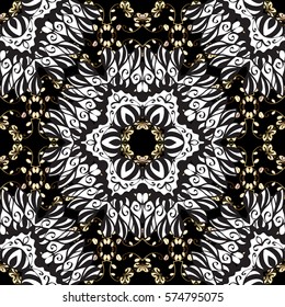 Golden Seamless Wallpaper, Vector Background. Snowflake, Christmas, New Year. Golden grid. Luxury background. Vintage pattern. Floral. Black background.