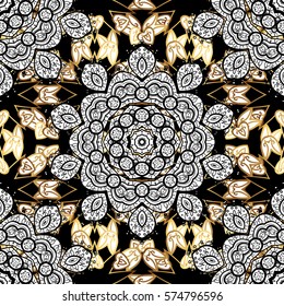 Golden Seamless Wallpaper, Vector Background. Snowflake, Christmas, New Year. Golden grid. Luxury background. Vintage pattern. Floral. Black background.