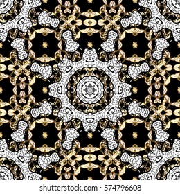 Golden Seamless Wallpaper, Vector Background. Snowflake, Christmas, New Year. Golden grid. Luxury background. Vintage pattern. Floral. Black background.