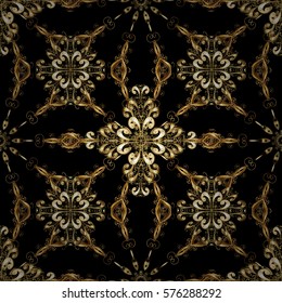 Golden Seamless Wallpaper, Vector Background. Snowflake, Christmas, New Year. Golden grid. Luxury background. Vintage pattern. Floral. Radial gradient shape.