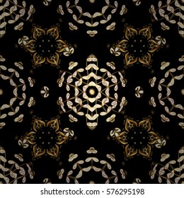 Golden Seamless Wallpaper, Vector Background. Snowflake, Christmas, New Year. Golden grid. Luxury background. Vintage pattern. Floral. Radial gradient shape.