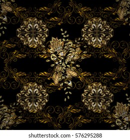 Golden Seamless Wallpaper, Vector Background. Snowflake, Christmas, New Year. Golden grid. Luxury background. Vintage pattern. Floral. Radial gradient shape.