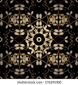 Golden Seamless Wallpaper, Vector Background. Snowflake, Christmas, New Year. Golden grid. Luxury background. Vintage pattern. Floral. Radial gradient shape.