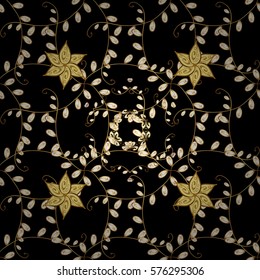 Golden Seamless Wallpaper, Vector Background. Snowflake, Christmas, New Year. Golden grid. Luxury background. Vintage pattern. Floral. Radial gradient shape.