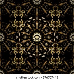 Golden Seamless Wallpaper, Vector Background. Snowflake, Christmas, New Year. Golden grid. Luxury background. Vintage pattern. Floral.