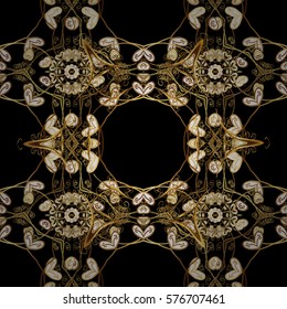 Golden Seamless Wallpaper, Vector Background. Snowflake, Christmas, New Year. Golden grid. Luxury background. Vintage pattern. Floral. Radial gradient shape.