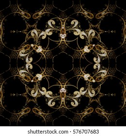 Golden Seamless Wallpaper, Vector Background. Snowflake, Christmas, New Year. Golden grid. Luxury background. Vintage pattern. Floral.
