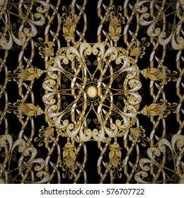 Golden Seamless Wallpaper, Vector Background. Snowflake, Christmas, New Year. Golden grid. Luxury background. Vintage pattern. Floral. Radial gradient shape.