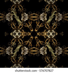 Golden Seamless Wallpaper, Vector Background. Snowflake, Christmas, New Year. Golden grid. Luxury background. Vintage pattern. Floral. Radial gradient shape.