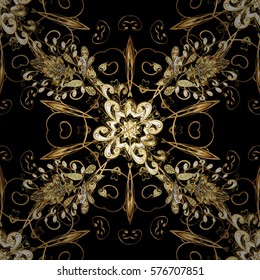 Golden Seamless Wallpaper, Vector Background. Snowflake, Christmas, New Year. Golden grid. Luxury background. Vintage pattern. Floral.