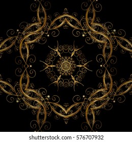 Golden Seamless Wallpaper, Vector Background. Snowflake, Christmas, New Year. Golden grid. Luxury background. Vintage pattern. Floral.