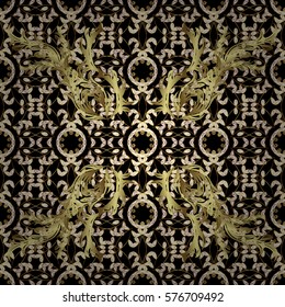 Golden Seamless Wallpaper, Vector Background. Snowflake, Christmas, New Year. Golden grid. Luxury background. Vintage pattern. Floral. Radial gradient shape.