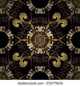 Golden Seamless Wallpaper, Vector Background. Snowflake, Christmas, New Year. Golden grid. Luxury background. Vintage pattern. Floral. Black background. Radial gradient shape.