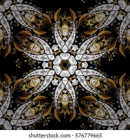 Golden Seamless Wallpaper, Vector Background. Snowflake, Christmas, New Year. Golden grid. Luxury background. Vintage pattern. Floral. Black background. Radial gradient shape.