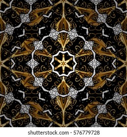 Golden Seamless Wallpaper, Vector Background. Snowflake, Christmas, New Year. Golden grid. Luxury background. Vintage pattern. Floral. Black background. Radial gradient shape.
