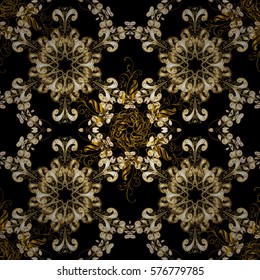 Golden Seamless Wallpaper, Vector Background. Snowflake, Christmas, New Year. Golden grid. Luxury background. Vintage pattern. Floral. Black background. Radial gradient shape.