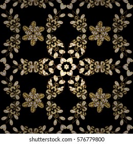 Golden Seamless Wallpaper, Vector Background. Snowflake, Christmas, New Year. Golden grid. Luxury background. Vintage pattern. Floral. Black background. Radial gradient shape.