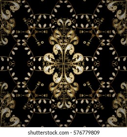 Golden Seamless Wallpaper, Vector Background. Snowflake, Christmas, New Year. Golden grid. Luxury background. Vintage pattern. Floral. Black background. Radial gradient shape.