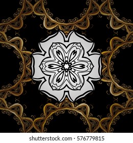 Golden Seamless Wallpaper, Vector Background. Snowflake, Christmas, New Year. Golden grid. Luxury background. Vintage pattern. Floral. Black background. Radial gradient shape.
