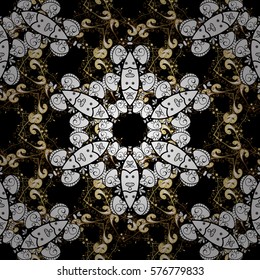 Golden Seamless Wallpaper, Vector Background. Snowflake, Christmas, New Year. Golden grid. Luxury background. Vintage pattern. Floral. Black background. Radial gradient shape.