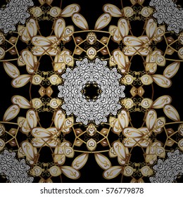 Golden Seamless Wallpaper, Vector Background. Snowflake, Christmas, New Year. Golden grid. Luxury background. Vintage pattern. Floral. Black background. Radial gradient shape.