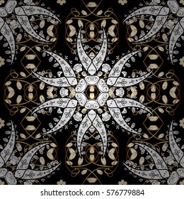 Golden Seamless Wallpaper, Vector Background. Snowflake, Christmas, New Year. Golden grid. Luxury background. Vintage pattern. Floral. Black background. Radial gradient shape.