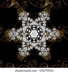 Golden Seamless Wallpaper, Vector Background. Snowflake, Christmas, New Year. Golden grid. Luxury background. Vintage pattern. Floral. Black background. Radial gradient shape.