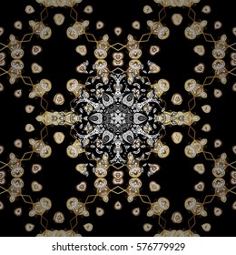 Golden Seamless Wallpaper, Vector Background. Snowflake, Christmas, New Year. Golden grid. Luxury background. Vintage pattern. Floral. Black background. Radial gradient shape.