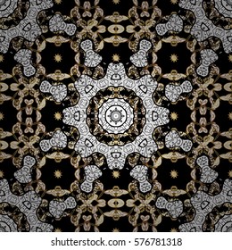 Golden Seamless Wallpaper, Vector Background. Snowflake, Christmas, New Year. Golden grid. Luxury background. Vintage pattern. Floral. Black background. Radial gradient shape.